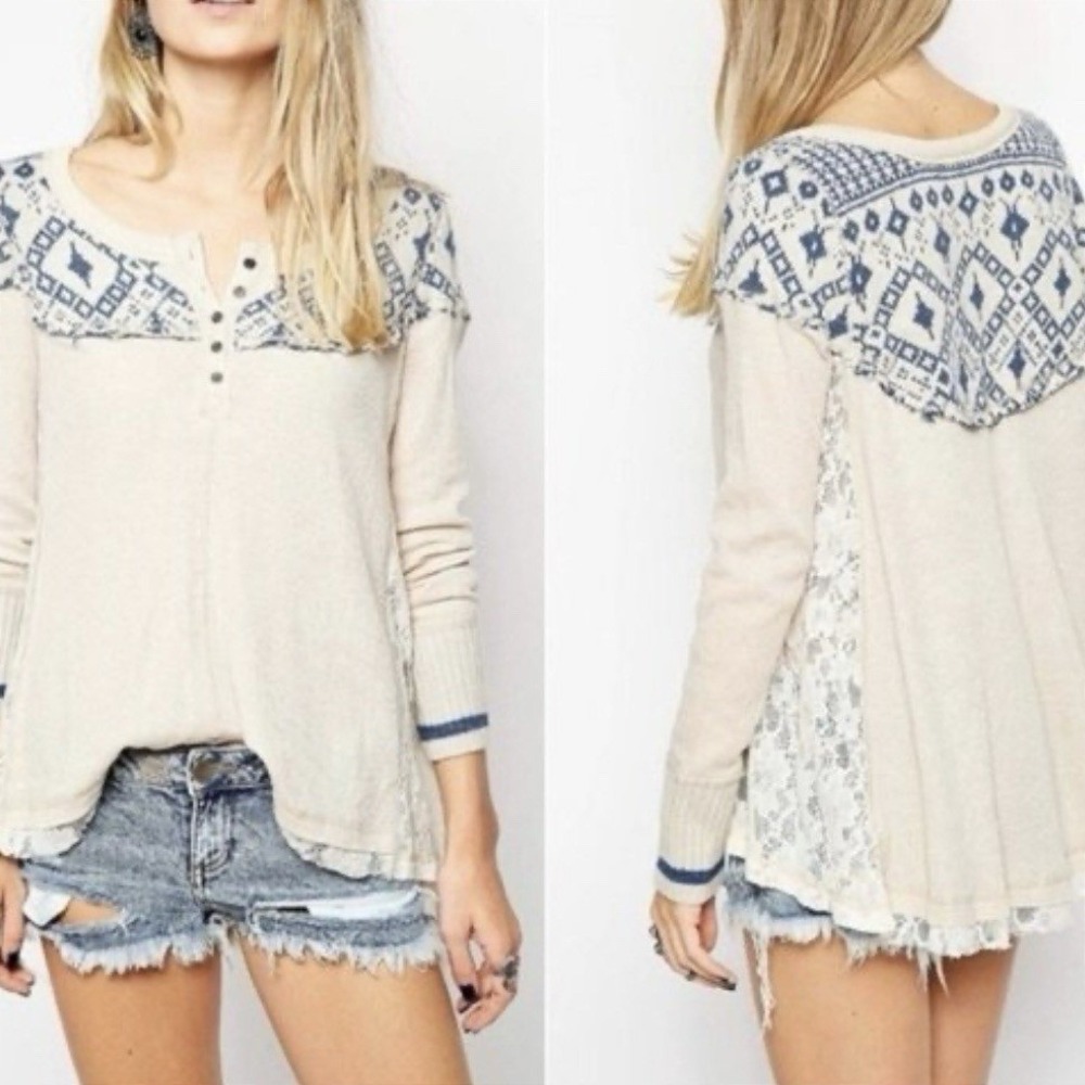 Free People Henley Shirt XS Cabin In Woods Cream Knit Lace Waffle Boho Fair Isle